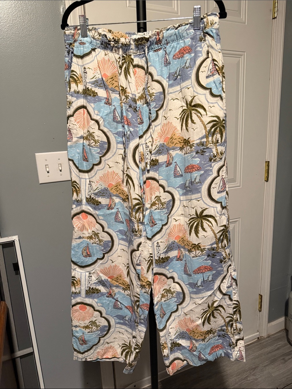 Cynthia Rowley Wide-Leg Tropical Print Pants in Blue, Cream & Green
